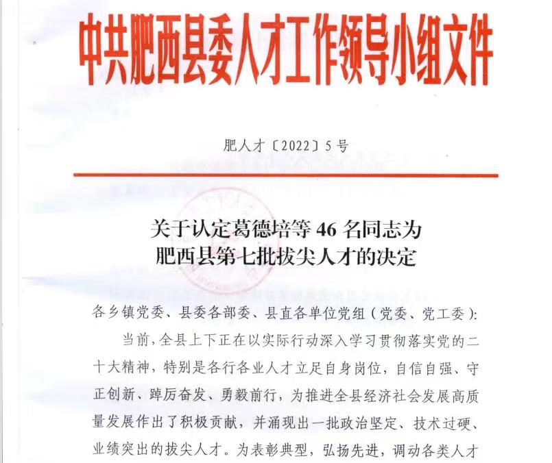 F6福鹿会医疗总司理荣获“肥西县第七批拔尖人才”声誉称呼